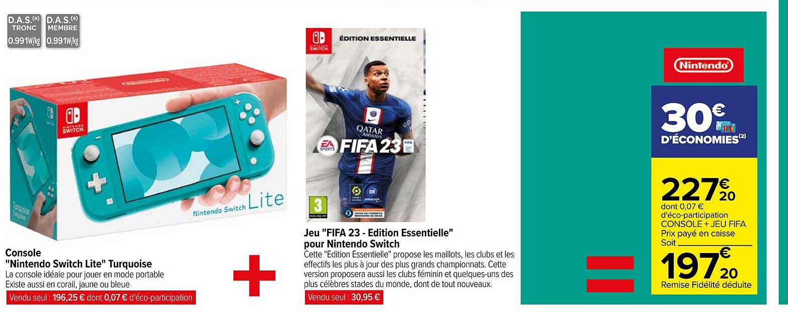 console "nintendo switch lite "turquise, jeu "fifa édition essentielle" pour nintendo switch