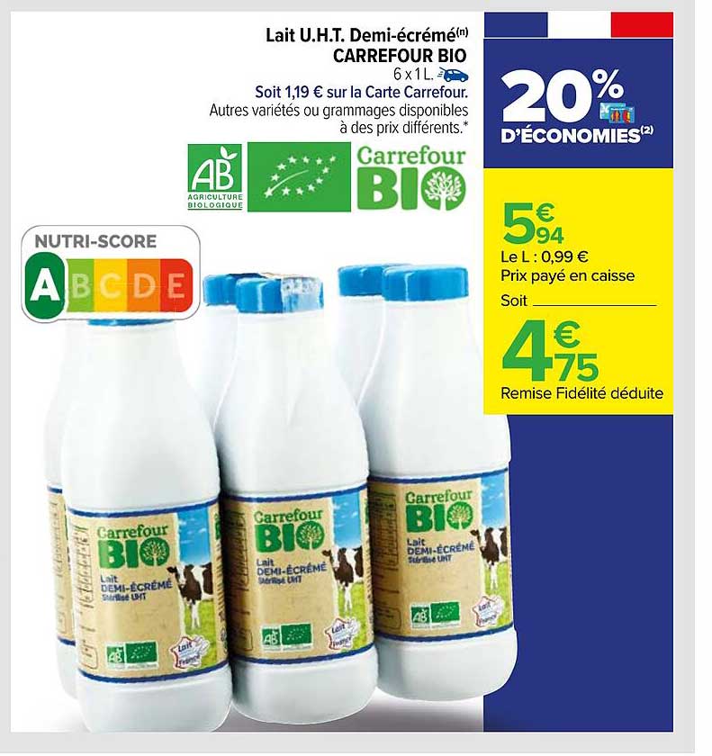 lait u.h.t. demi-écrémé carrefour bio