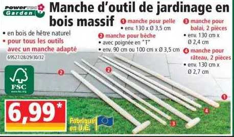 manche d'outil de jardinage en bois massif powertec garden