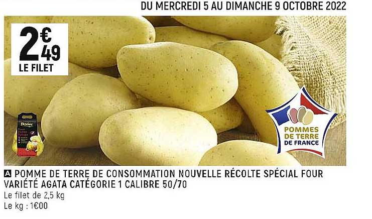 pomme de terre de consommation nouvelle récolte spécial four variété agata catégorie 1 calibre 50-70