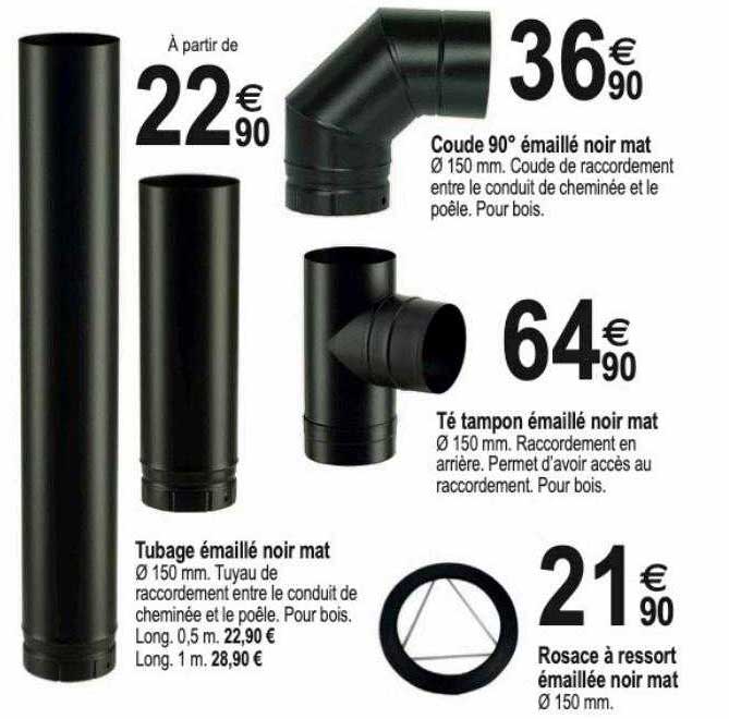 tubage émaillé noir mat, coude 90° émaillé noir mat, té tampon émaillé noir mat, rosace à ressort émaillée noir mat