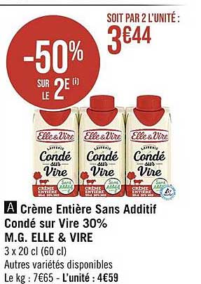 crème entière sans additif condé sur vire 30% m.g. elle & vire