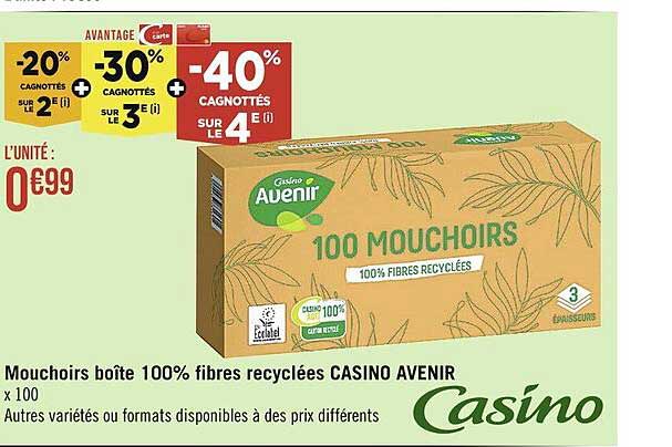 mouchoirs boîte 100% fibres recyclées casino avenir