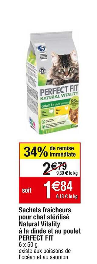 sachets fraîcheurs pour chat stérilisé natural vitality à la dinde et au poulet perfect fit