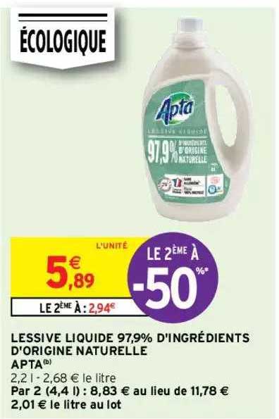 lessive liquide 97,9% d'ingrédients d'origine naturelle apta