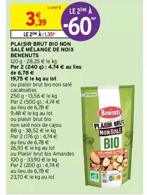 plaisir brut bio non salé mélange de noix bénénuts