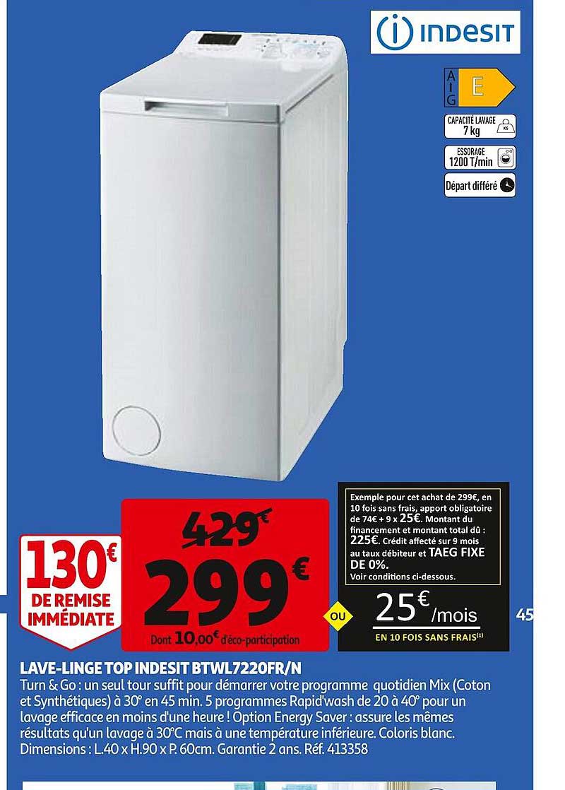 lave-linge top indesit btwl7220fr-n
