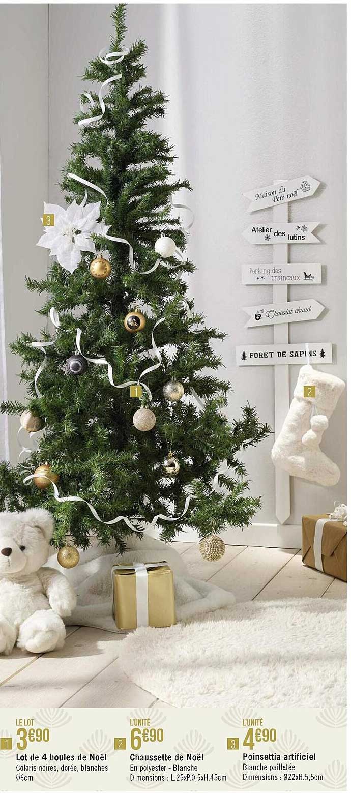 lot de 4 boules de noël, chaussette de noël, poinsettia artificiel