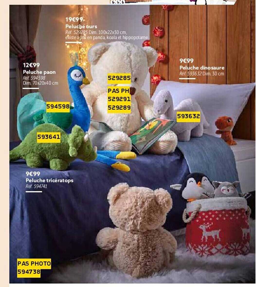 peluche ours, peluche paon, peluche dinosaure, peluche tricératops