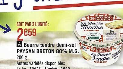 beurre tendre demi-sel paysan breton 80% m.g.