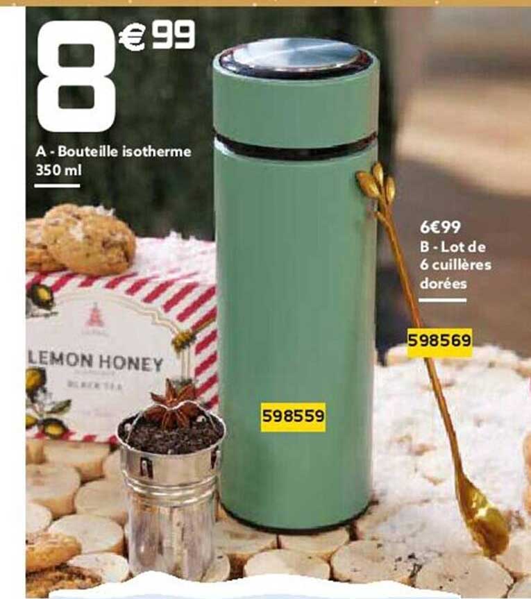 bouteille isotherme 350ml, lot de 6 cuillères dorées