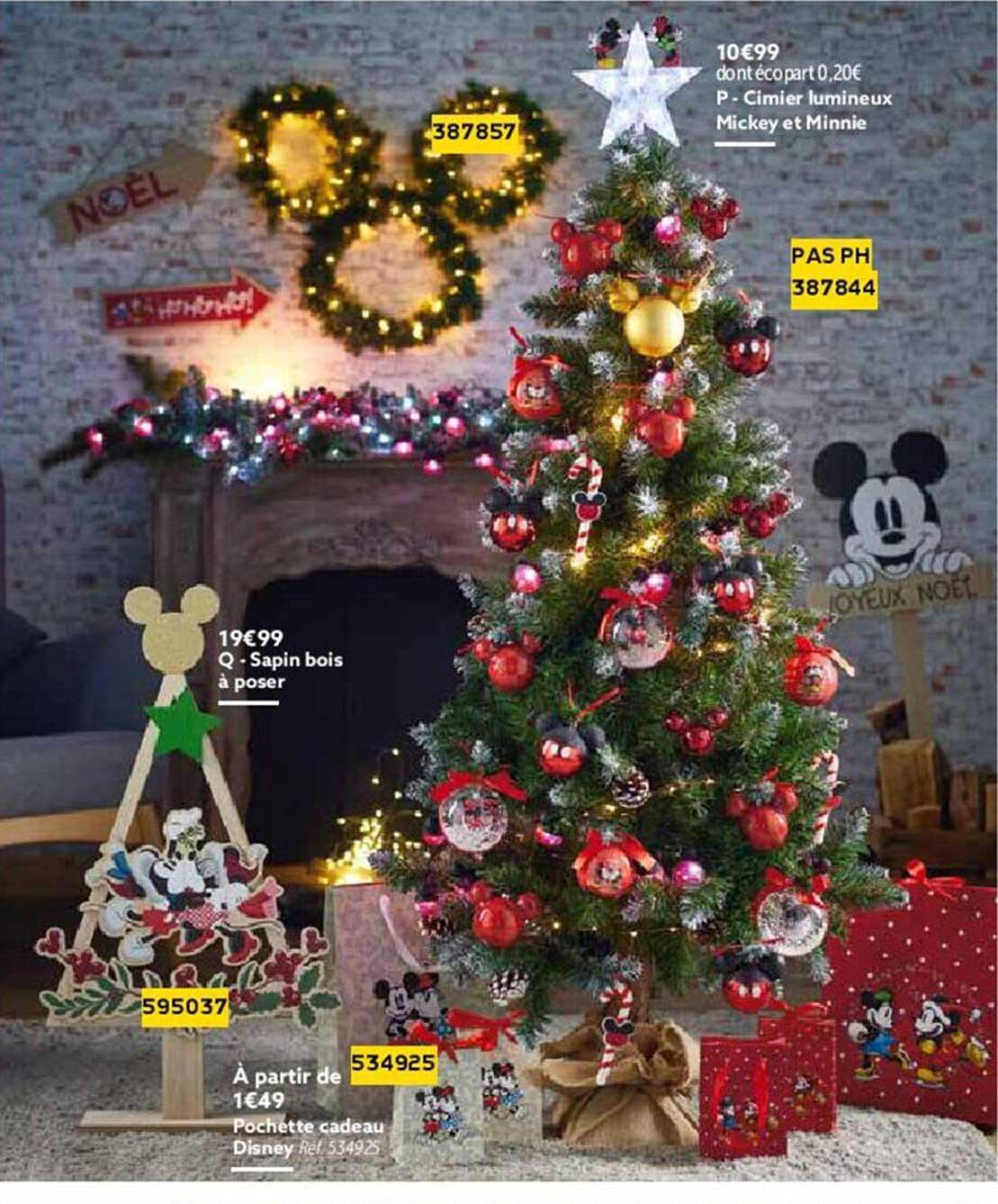 cimier lumineux mickey et minnie, sapin bois à poser, pochette cadeau disney