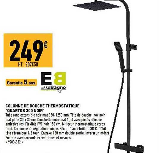 colonne de douche thermostatique "quartos 300 noir" essebagno