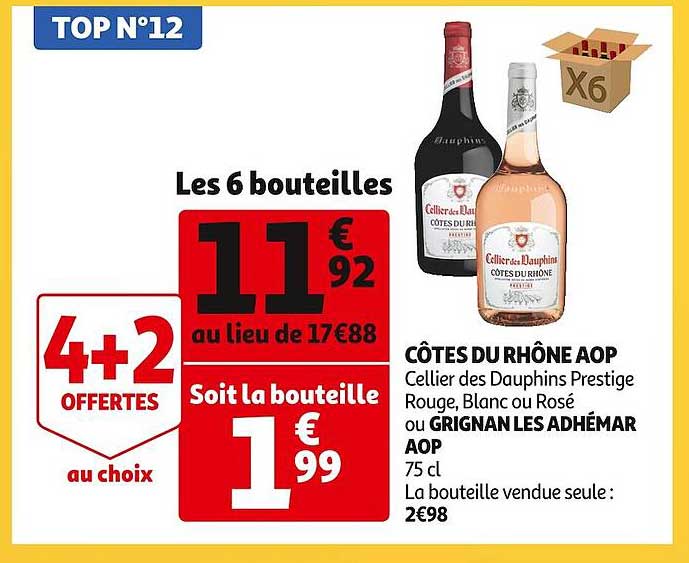 côtes du rhône aop cellier des dauphins prestige rouge, blanc ou rosé ou grignan les adhémar aop