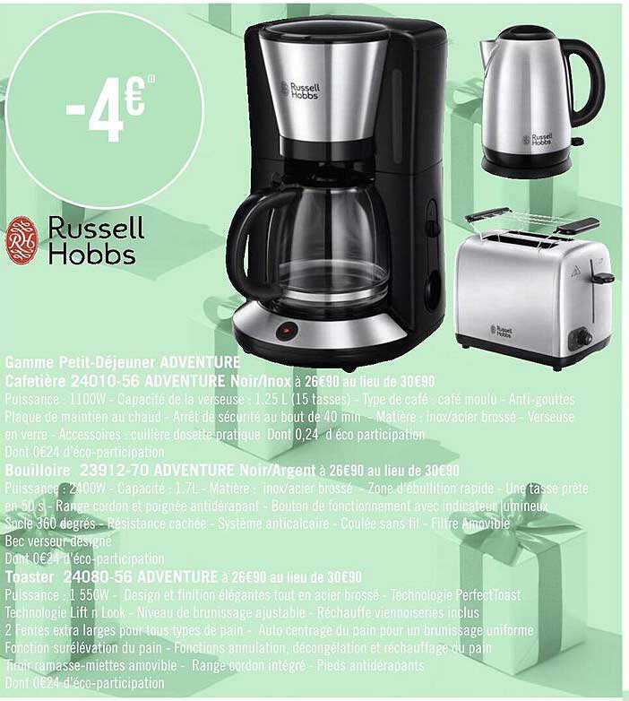 gamme petit-déjeuner adventure cafetière 24010-56 adventure noir-inox, bouilloire 23912-70 adventure noir-argent, toaster 24080-56 adventure russell hobbs