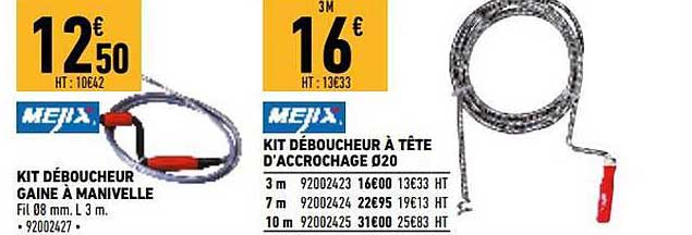 kit déboucheur gaine à manivelle mejix, kit déboucheur à tête d'accrochage ø20 mejix