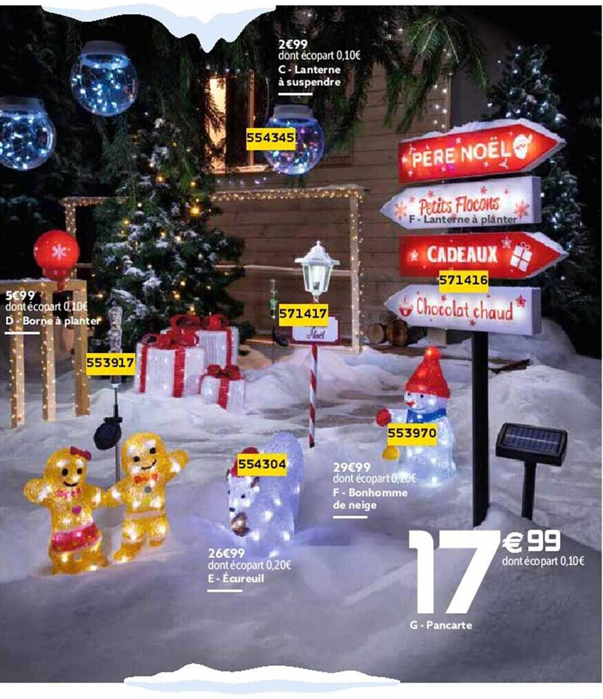 lanterne à suspendre, borne à planter, écureuil, bonhomme de neige, pancarte