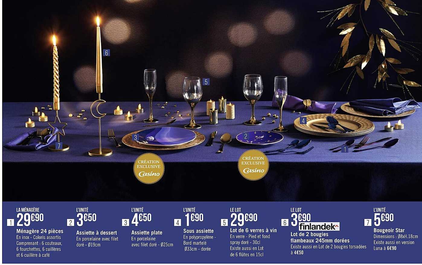 ménagère 24 pièces, assiette à dessert, assiette plate, sous assiette, lot de 6 verres à vin, lot de 2 bougies flambeaux 245 mm dorées, bougeoir star