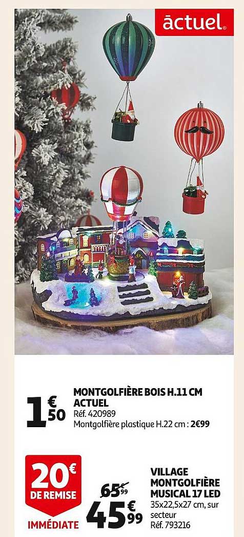 montgolfière bois h.11 cm actuel, village montgolfière musical 17 led