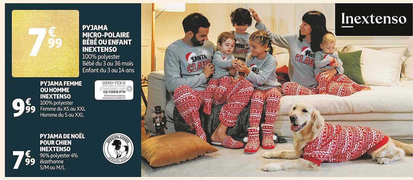 pyjama micro-polaire bébé ou enfant inextenso, pyjama femme ou homme inextenso, pyjama de noël pour chien inextenso