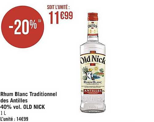 rhum blanc traditionnel des antilles 40% vol. old nick