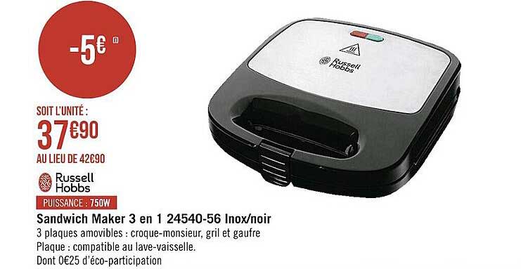 sandwich maker 3 en 1 24540-56 inox-noir russell hobbs