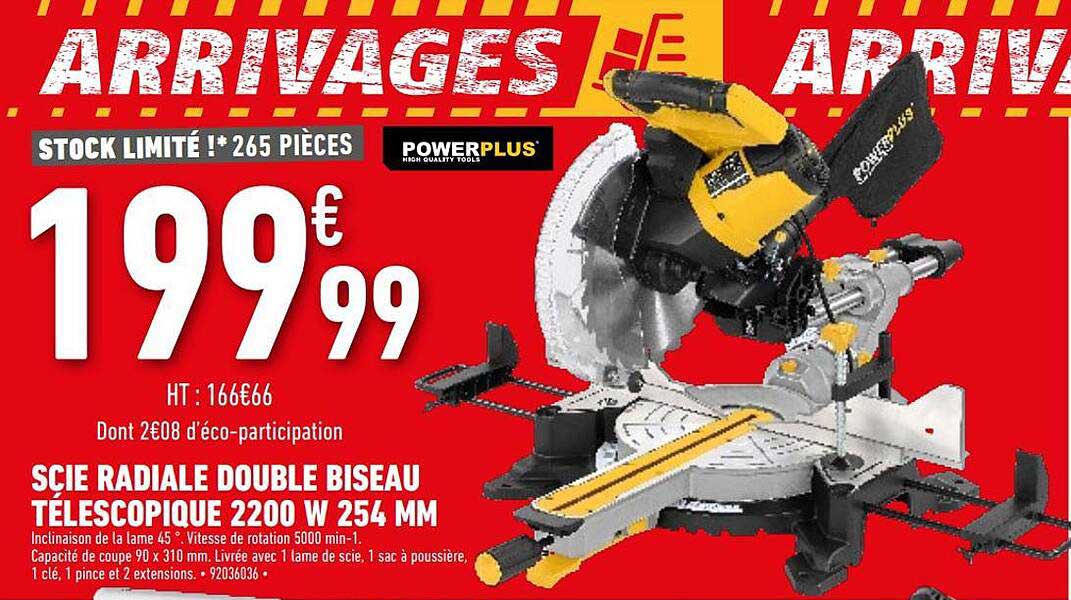scie radiale double biseau télescopique 2200 w 254 mm power plus