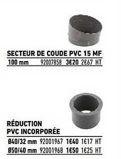 secteur de coude pvc 15 mf, réduction pvc incorporée