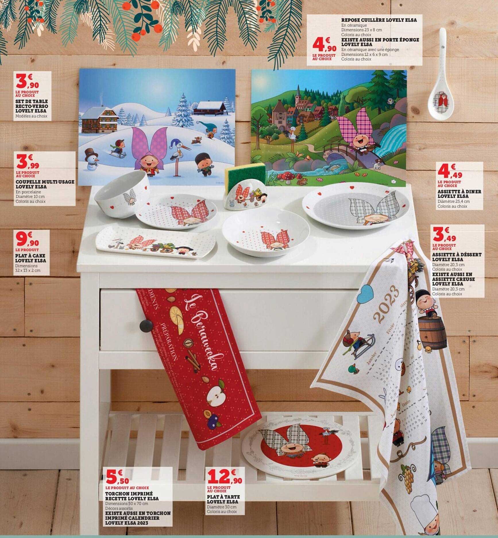 set de table recto verso lovely elsa, coupelle multi-usage lovely elsa, plat à cake lovely elsa, repose cuillère lovely elsa existe aussi en porte éponge lovely elsa, assiette à dîner lovely elsa