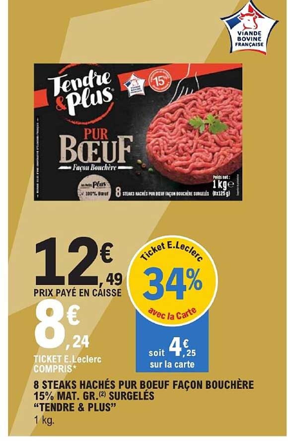 8 steaks hachés pur bœuf façon bouchère 15% mat.gr. surgelés "tendre & plus"