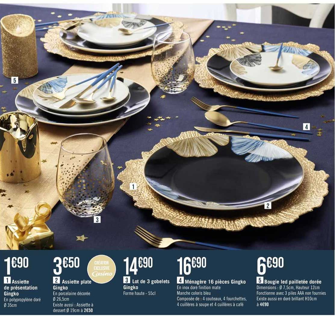 assiette de présentation gingko, assiette plate gingko, lot de 3 gobelets gingko, ménagère 15 pièces gingko, bougie led pailletée dorée