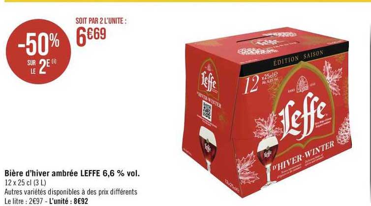 bière d'hiver ambrée leffe 6,6% vol.