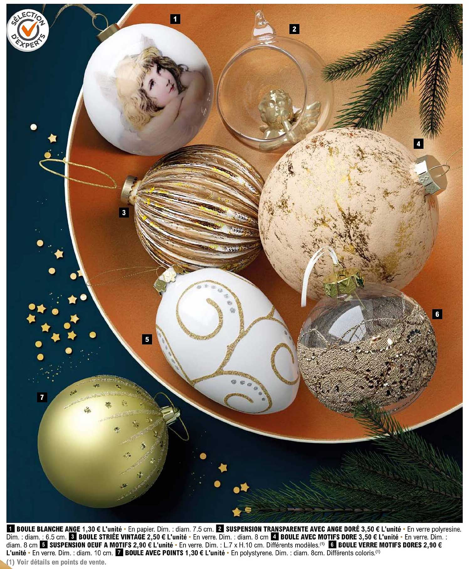 boule blanche ange, suspension transparente avec ange doré, boule striée vintage, boule avec motifs doré, suspension œuf à motifs, boule verre motifs dorés, boule avec points