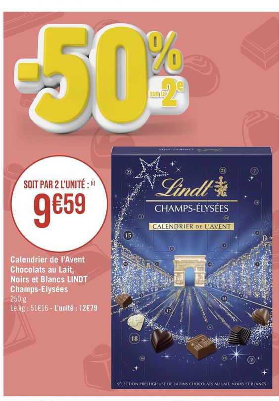 calendrier de l'avent chocolats au lait, noirs et blancs lindt champs-élysées