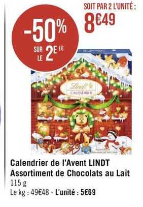 calendrier de l'avent lindt assortiment de chocolats au lait
