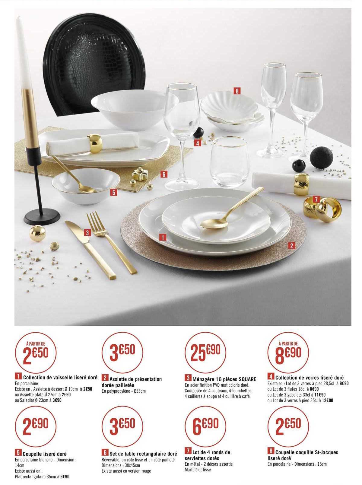 collection de vaisselle liseré doré, assiette de présentation dorée pailletée, ménagère 16 pièces square, collection de verres liseré doré, coupelle liseré doré, set de table rectangulaire doré