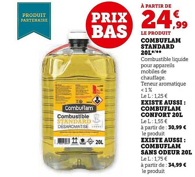 combuflam standard 20l, combuflam confort 20l, combuflam sans odeur 20l
