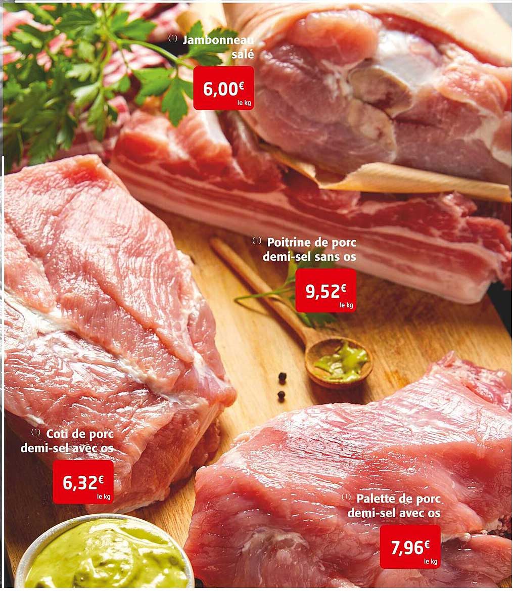 coti de porc demi-sel avec os, poitrine de porc demi-sel sans os, palette de porc demi-sel avec os