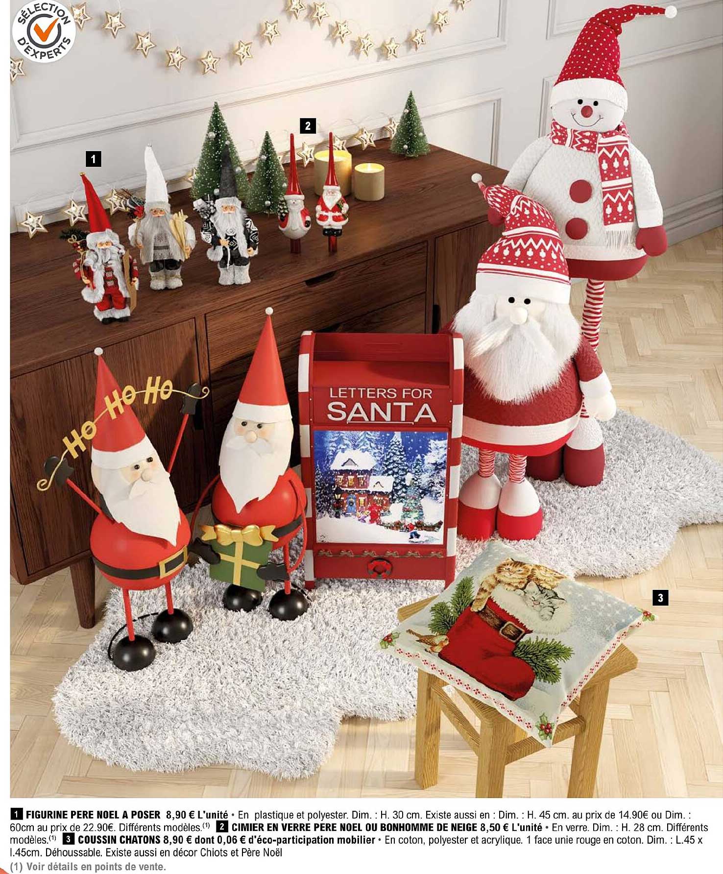 figurine père noël à poser, cimier en verre père noël ou bonhomme de neige, coussin chatons