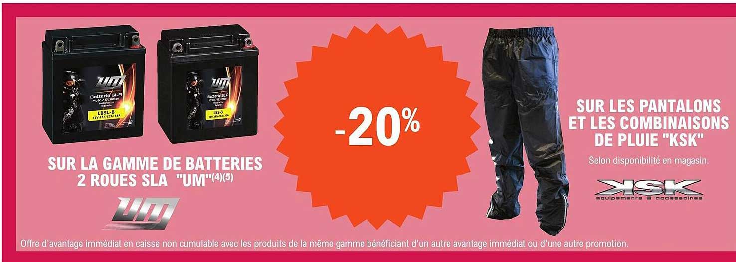 la gamme de batteries 2 roues sla "um", les pantalons et les combinaisons de pluie "ksk"