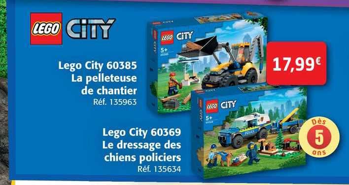 lego city 60385 la pelleteuse de chantier, lego city 60369 le dressage des chiens policiers