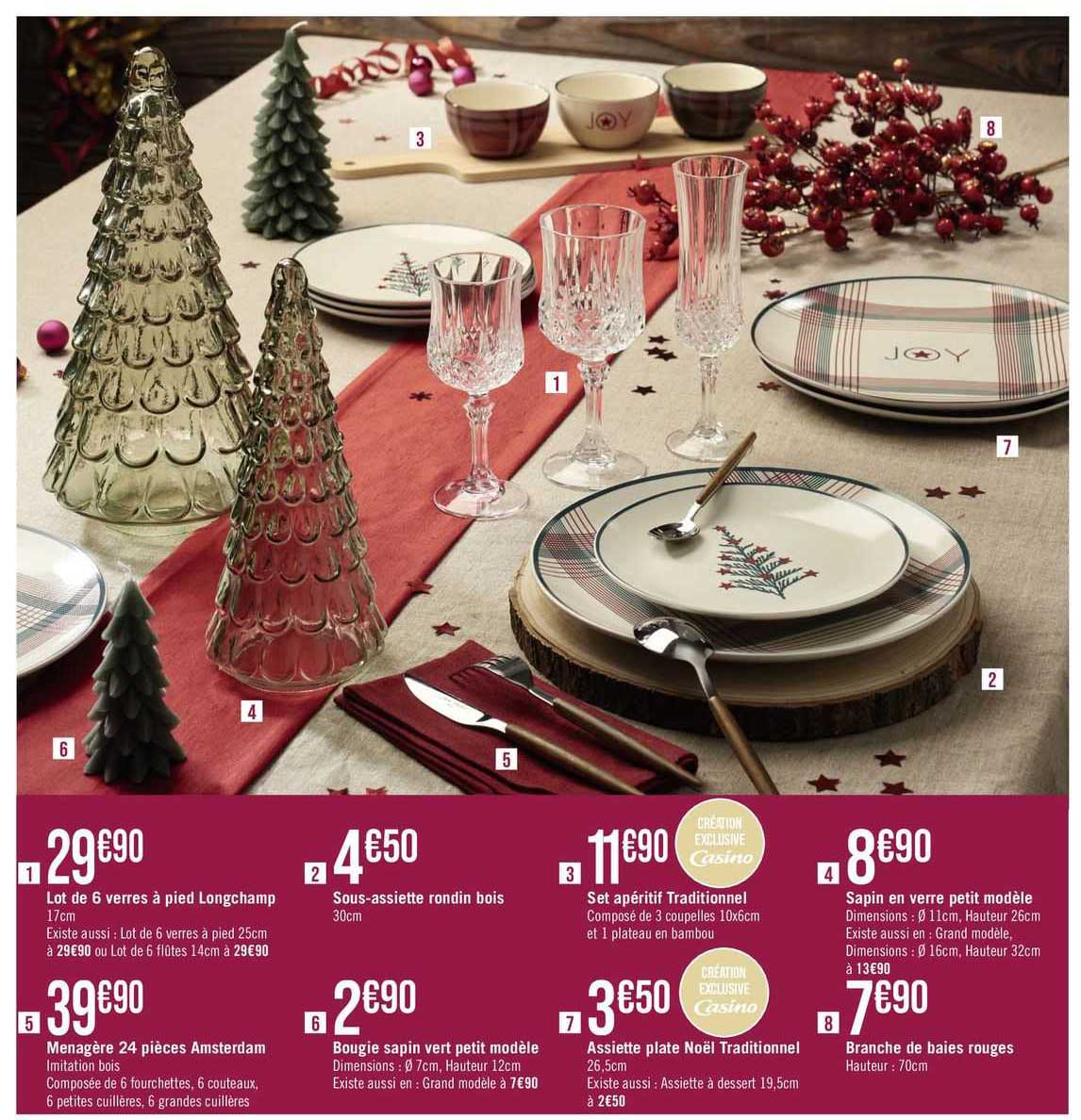 lot de 6 verres à pied longchamp, sous-assiette rondin bois, set apéritif traditionnel, sapin en verre petit modèle, ménagère 24 pièces amsterdam, bougie sapin vert petit modèle, assiette plate noël