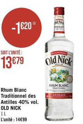 rhum blanc traditionnel des antilles 40% vol. old nick