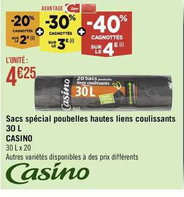 sacs spécial poubelles hautes liens coulissants 30 l casino