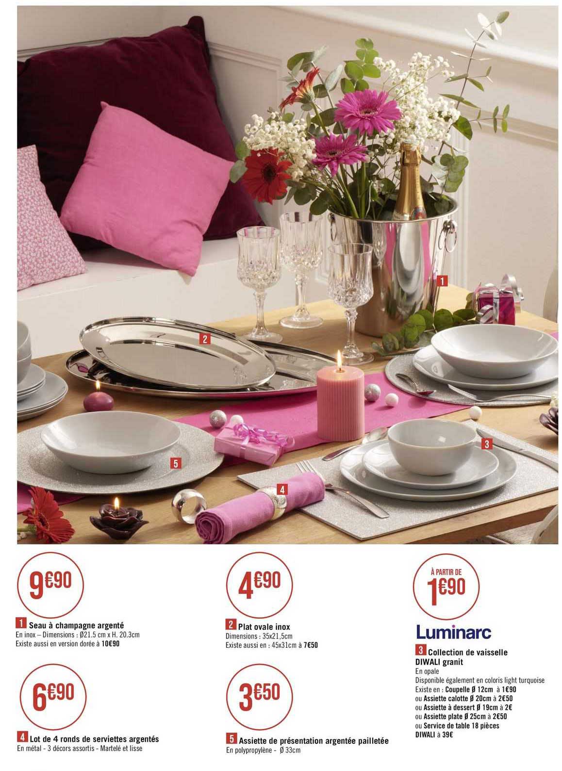 seau à champagne argenté, plat ovale inox, collection de vaisselle diwali granit, lot de 4 ronds de serviettes argentés, assiette de  présentation argentée pailletée,