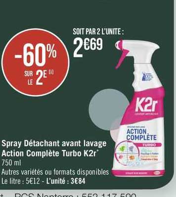 spray détachant avant lavage action complète turbo k2r