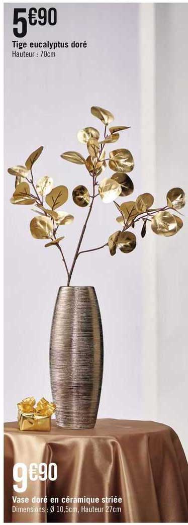 tige eucalytpus doré, vase doré en céramique striée