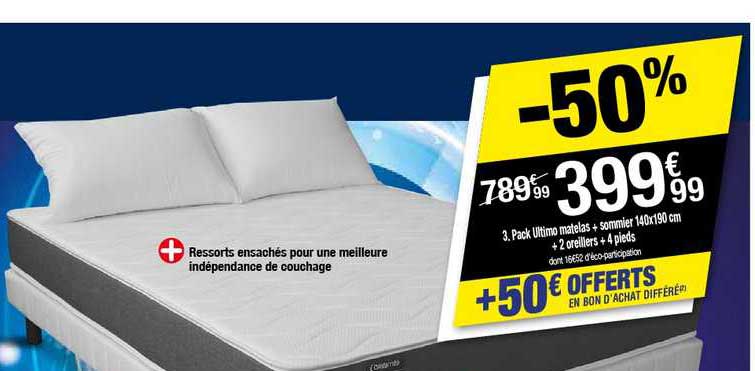3 Pack Ultimo Matelas + Sommier 140 X 190 Cm + 2 Oreillers + 4 Pieds