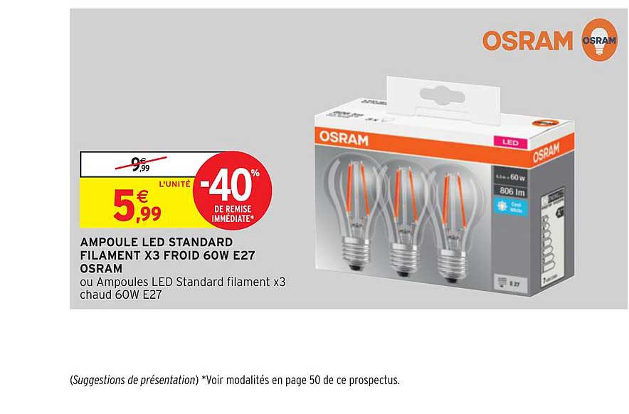 ampoule led standard filament x3 froid 60w e27 osram