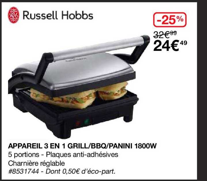 appareil 3 en 1 grill-bbq-panini 1800w russell hobbs